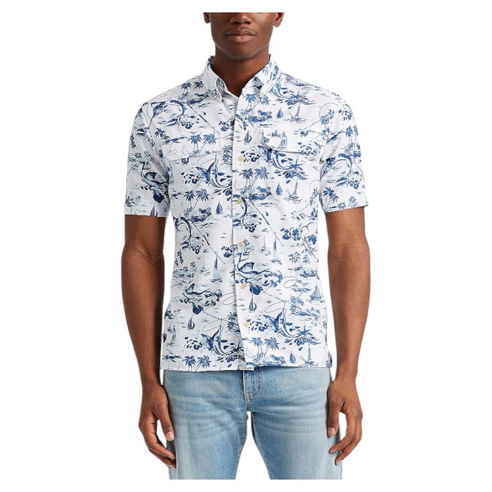 Chaps Sun Protection Moisture-Wicking Marlin Fishing Hawaiian Button-Up Shirt